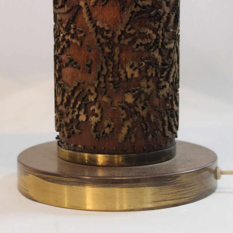 Pair of Vintage Embossed Metal and Wood Wallpaper Printing Roller Table Lamps