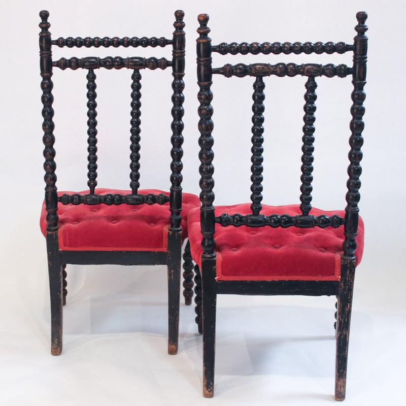Pair of Napoleon III Ebonized Bobbin-Turned Chairs with Red Velvet Upholstery