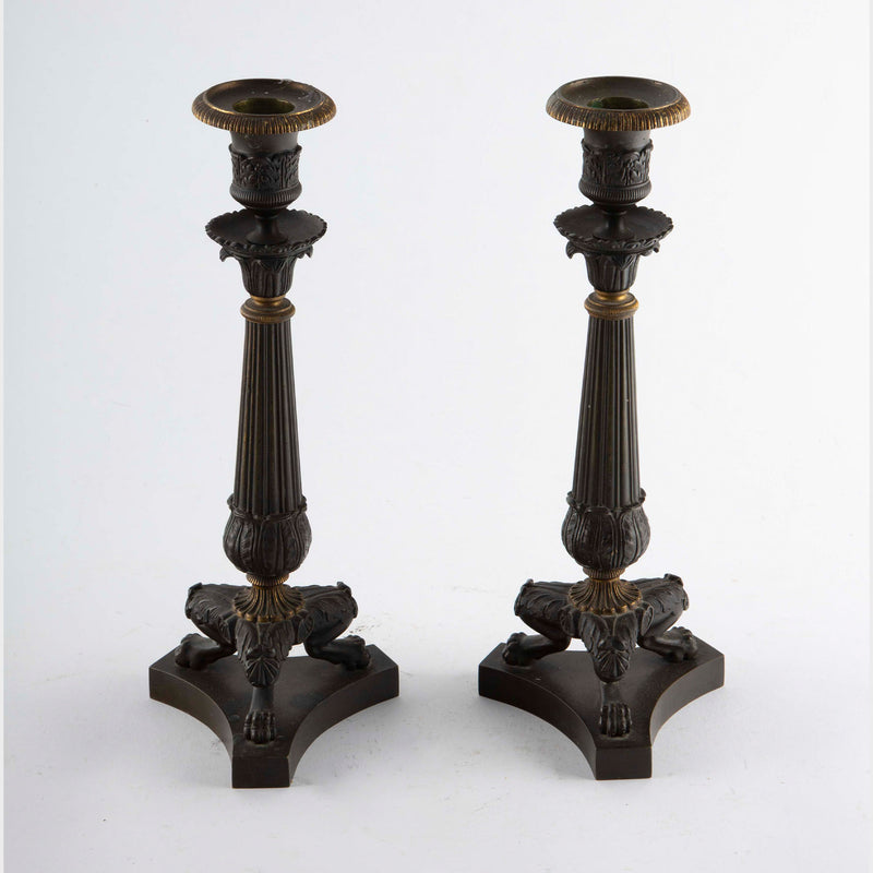 Pair of French Empire Revival Patinated and Gilt Bronze Candlesticks, 11.5" H