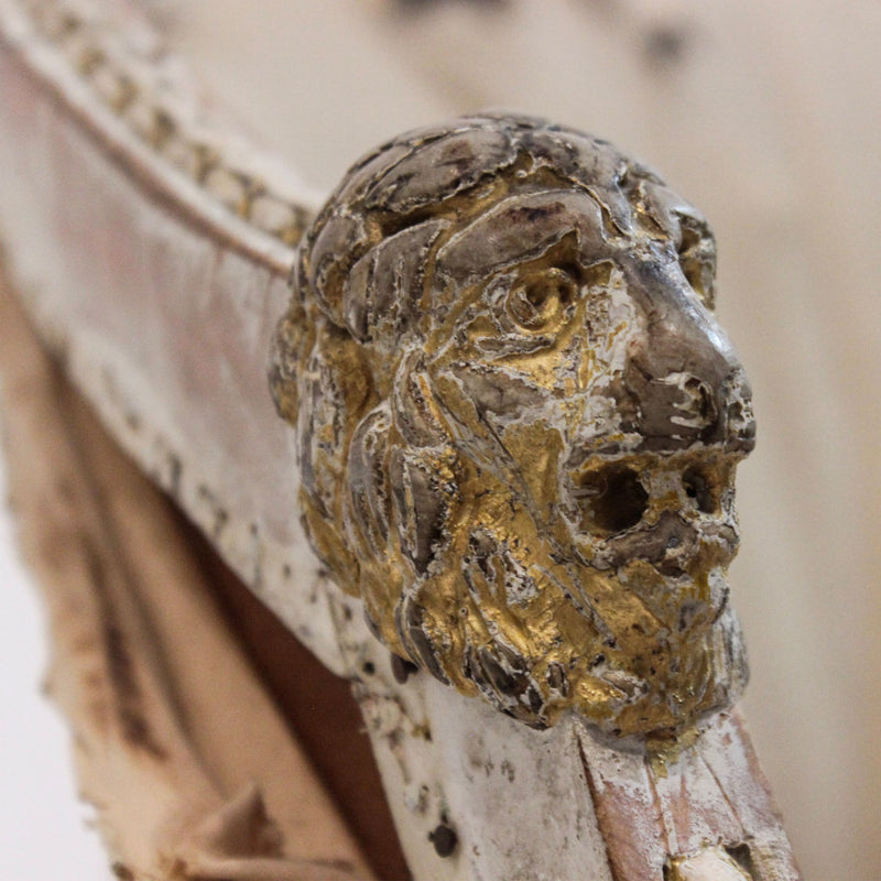 Swedish Gustavian Bergère with Carved Lion Head Finials and Fluted Legs