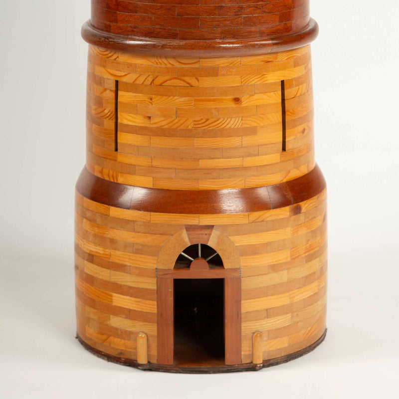 20th C Handcrafted Wooden Castle Model with Interior Illumination and Marquetry