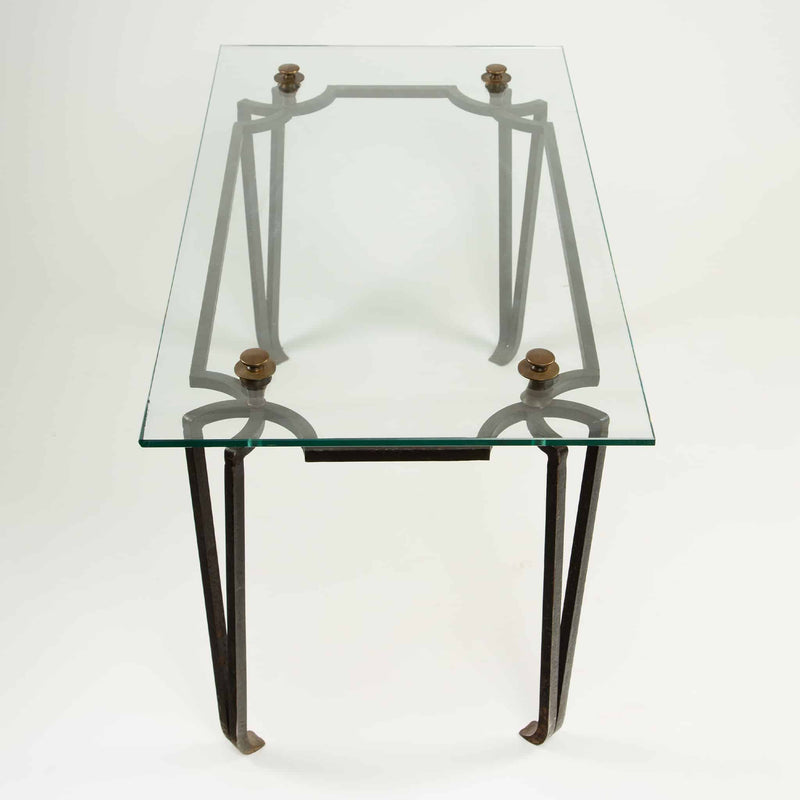 French Art Deco Wrought Iron and Glass Coffee Table with Bronze Finials 20th C.