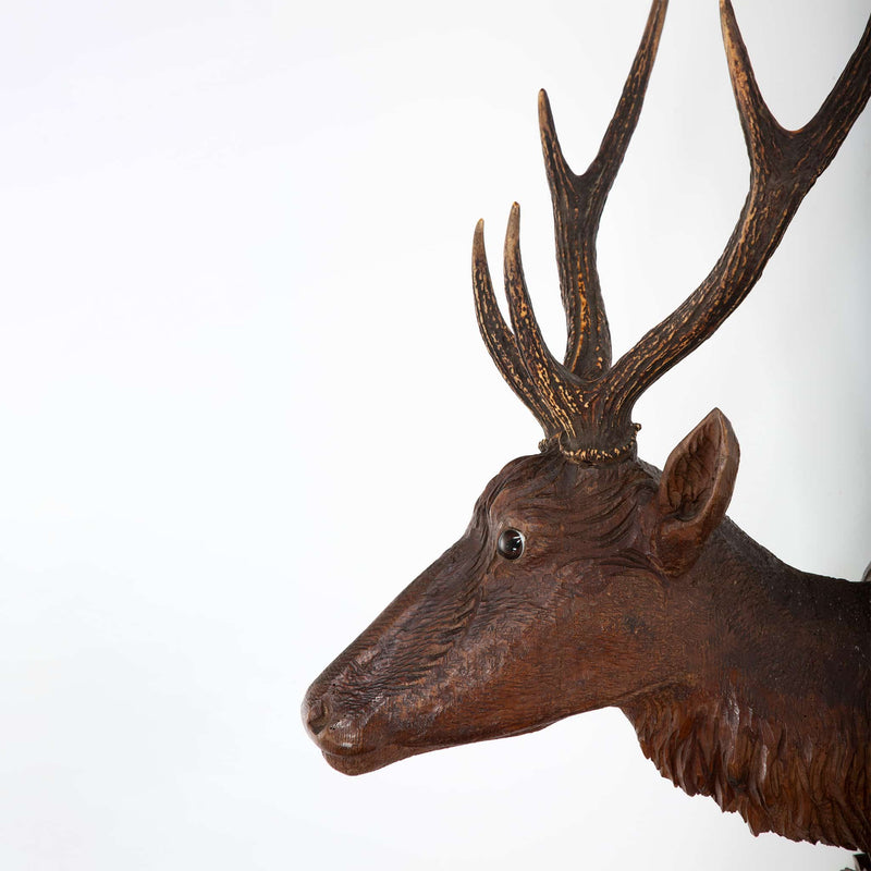 The Stag of the Black Forest: Early 19th Century Carved Deer Head w/ Real Antler