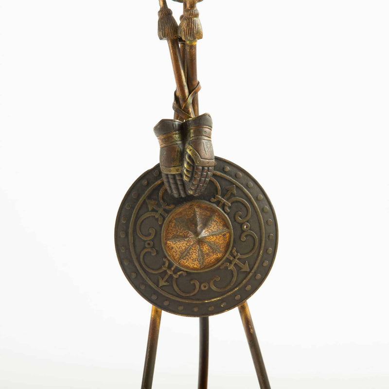 Pair of 19th-C French Bronze Tripod Candlesticks- Martial Motifs on Marble Bases