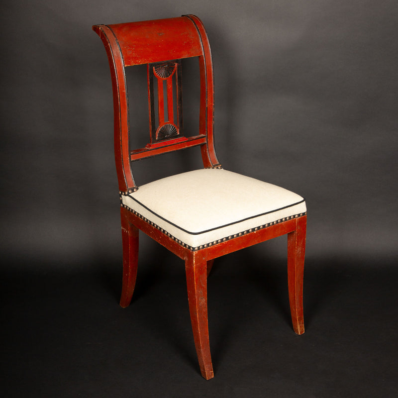 Directoire Period Oxblood Salon Suite w/ Saber Legs and Scrolled Backs, Late 18C