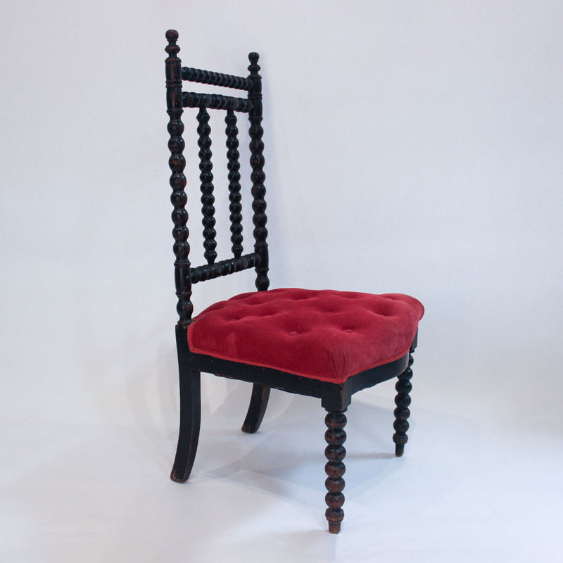 Pair of Napoleon III Ebonized Bobbin-Turned Chairs with Red Velvet Upholstery