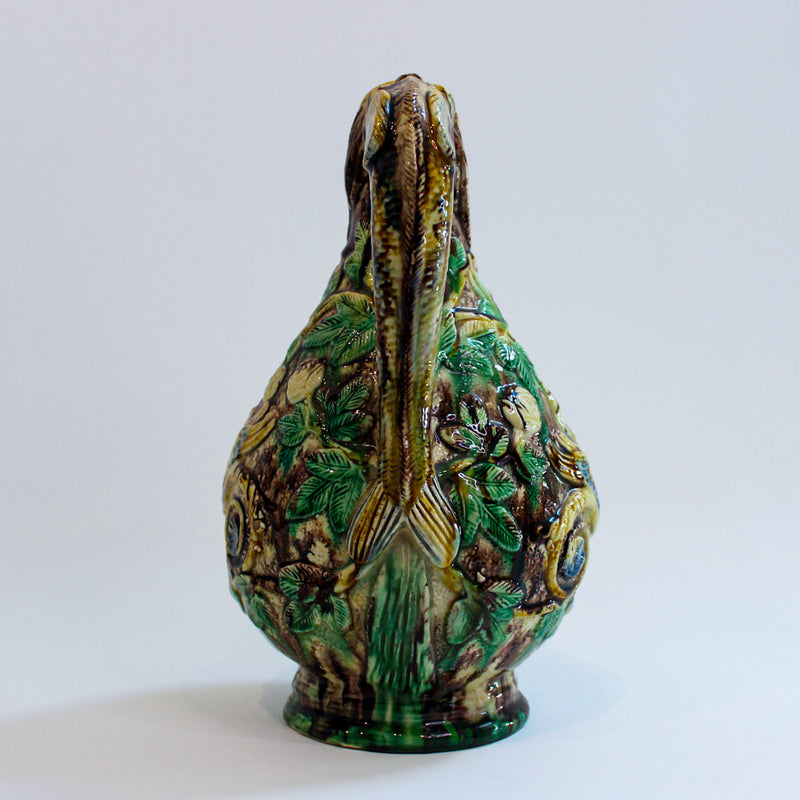 English Majolica Figural Pitcher with Horse-Head Spout and Fish Handle, 19th/20C