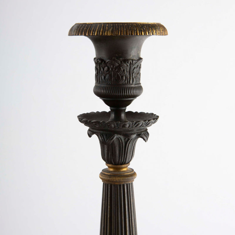 Pair of French Empire Revival Patinated and Gilt Bronze Candlesticks, 11.5" H