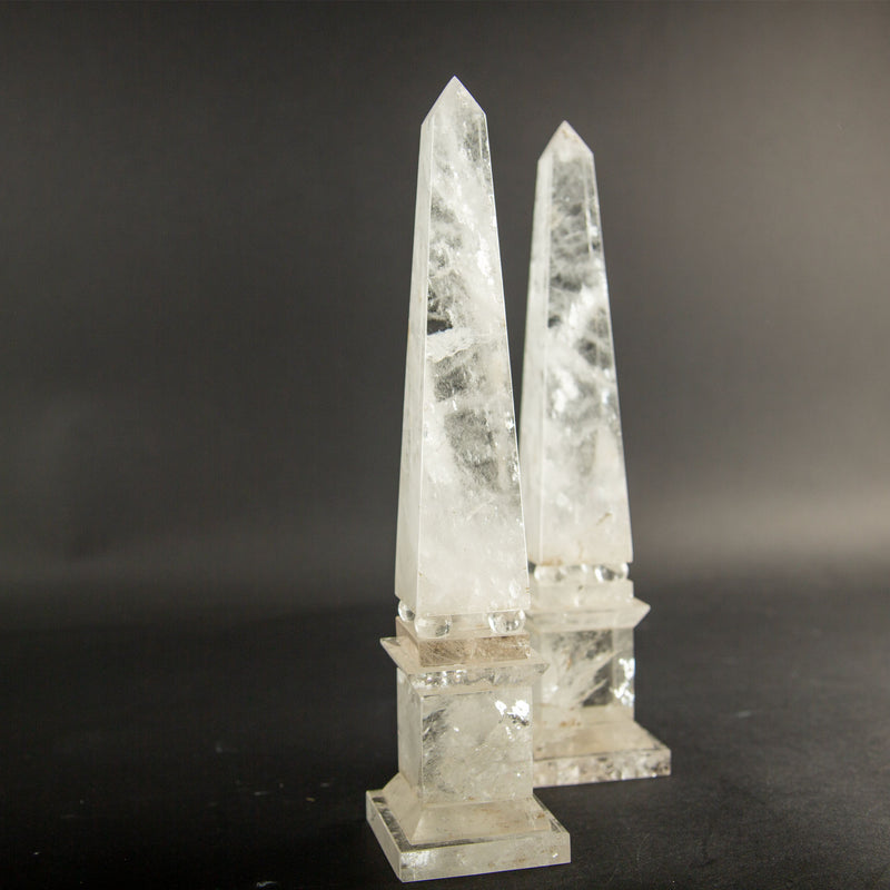 Pair of Hand-Carved Rock Crystal Obelisks on Stepped Bases, 12"