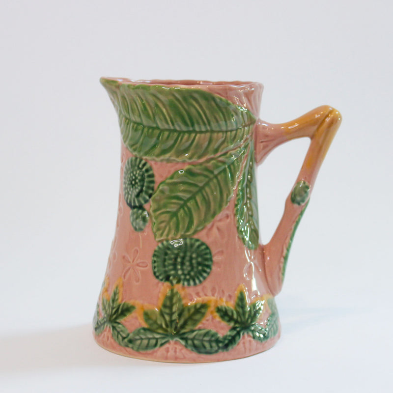 Majolica-Style Pink and Green Botanical Jug with Leaf Decoration