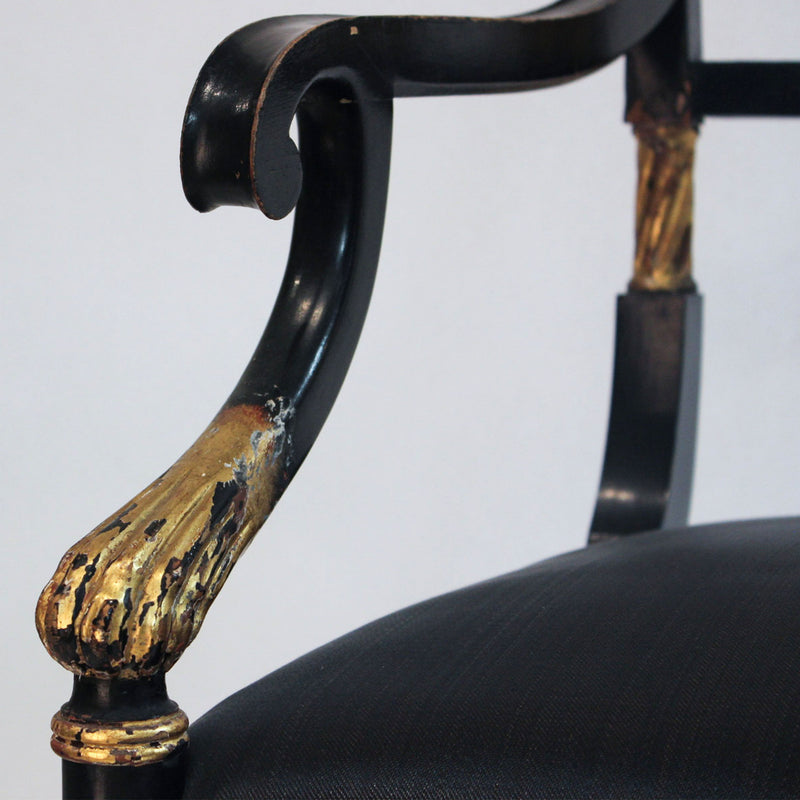 Pair of Regency Ebonized Armchairs with Parcel Gilt Decoration