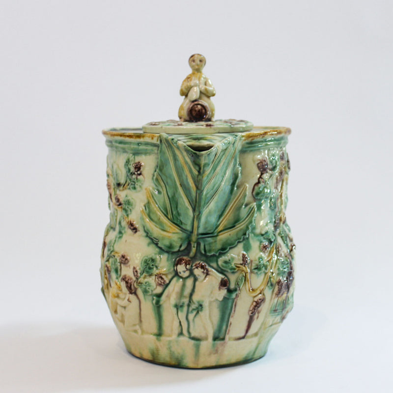 Bacchus-Decorated Majolica Pitcher with Figural Finial, Early 20th Century