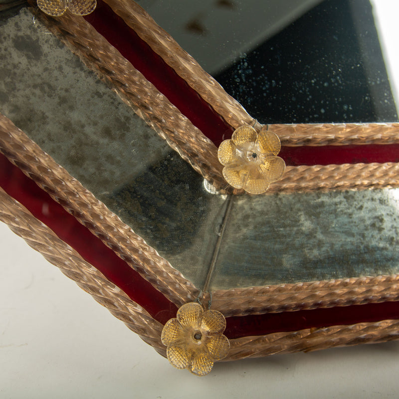 "Ruby Regatta" Venetian Octagonal Mirror with Murano Glass Rosettes