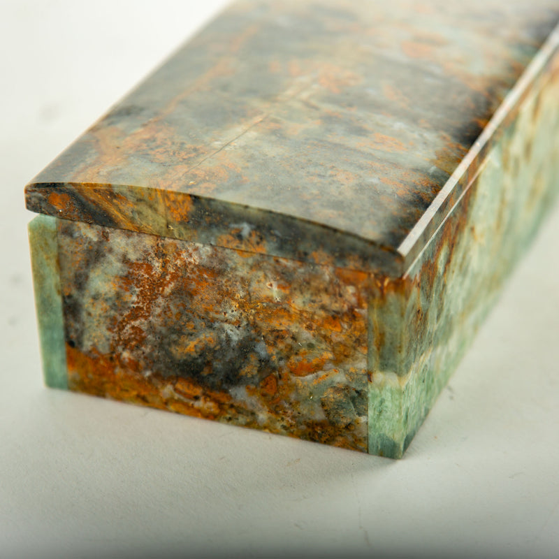 Polished Green Onyx Stone Box with Rust and Blue-Green Veining