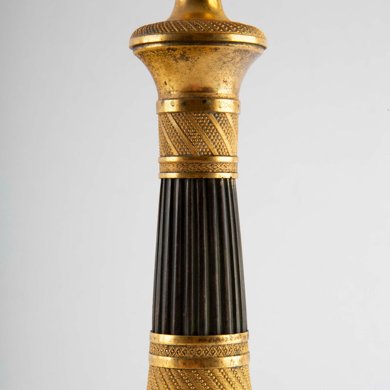Pair of French Empire Gilt and Patinated Bronze Candlesticks, 19th C