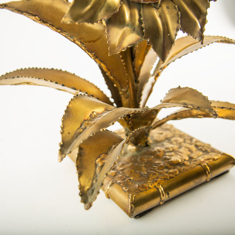 1970s P. Mas-Rossi French Brass Sunflower Table Lamp with Agate Center