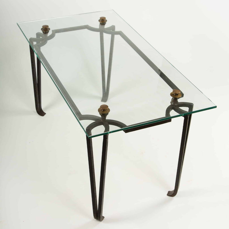 French Art Deco Wrought Iron and Glass Coffee Table with Bronze Finials 20th C.