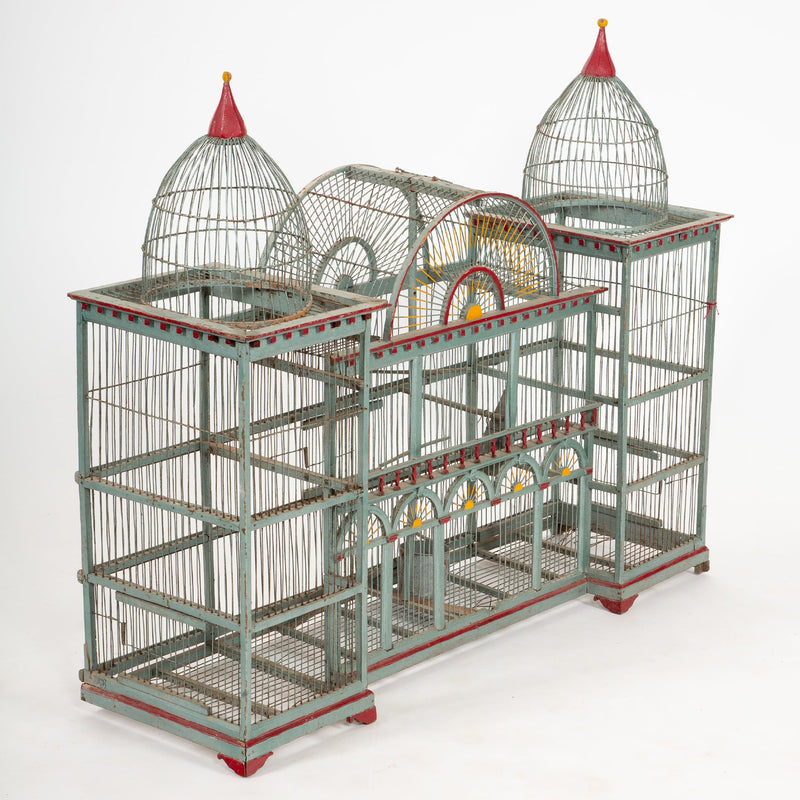 The Bird Palace: Late 19th Century Bird Cage Painted Grey with Red Accents