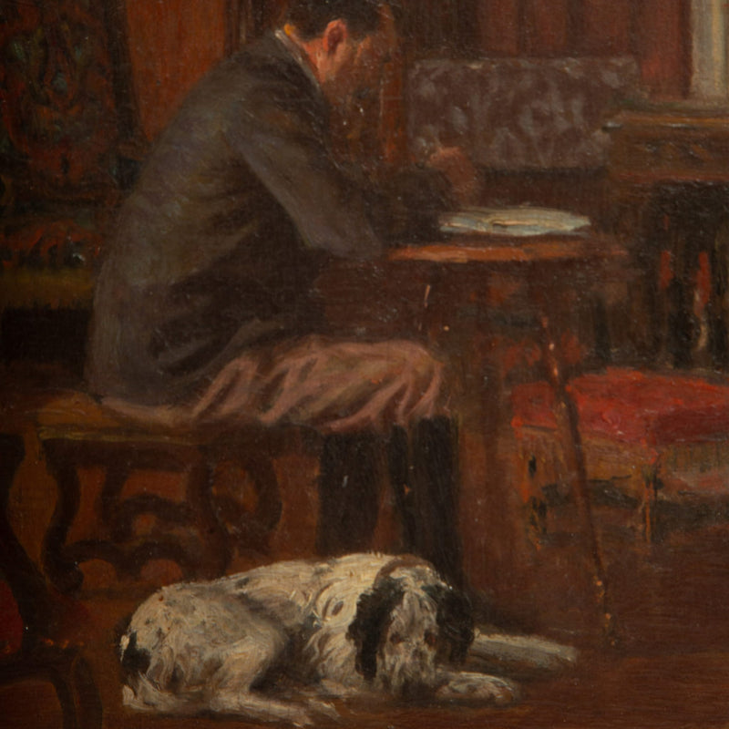 At Work: 1905 Painting of a Writer and His Dog in a Chic Salon, Signed J. Barcal