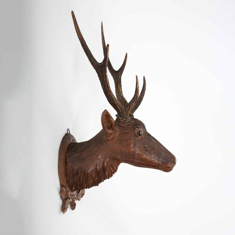 The Stag of the Black Forest: Early 19th Century Carved Deer Head w/ Real Antler