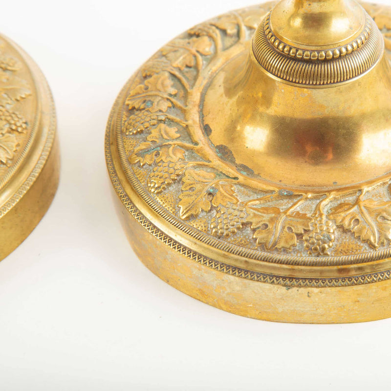 Pair of 19th-C French Gilt Bronze Candlesticks w/ Grape and Vine Decoration