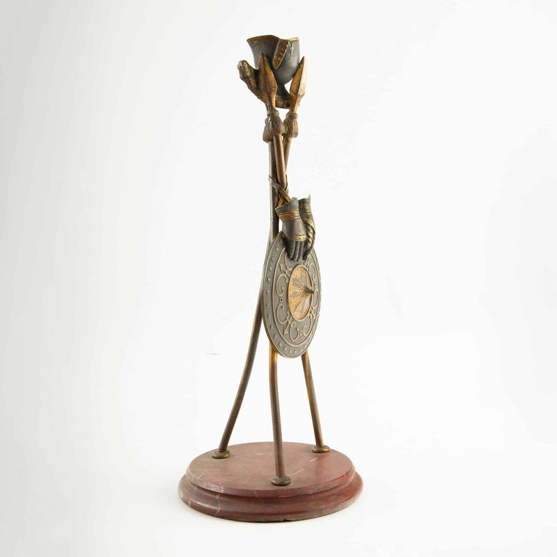 Pair of 19th-C French Bronze Tripod Candlesticks- Martial Motifs on Marble Bases