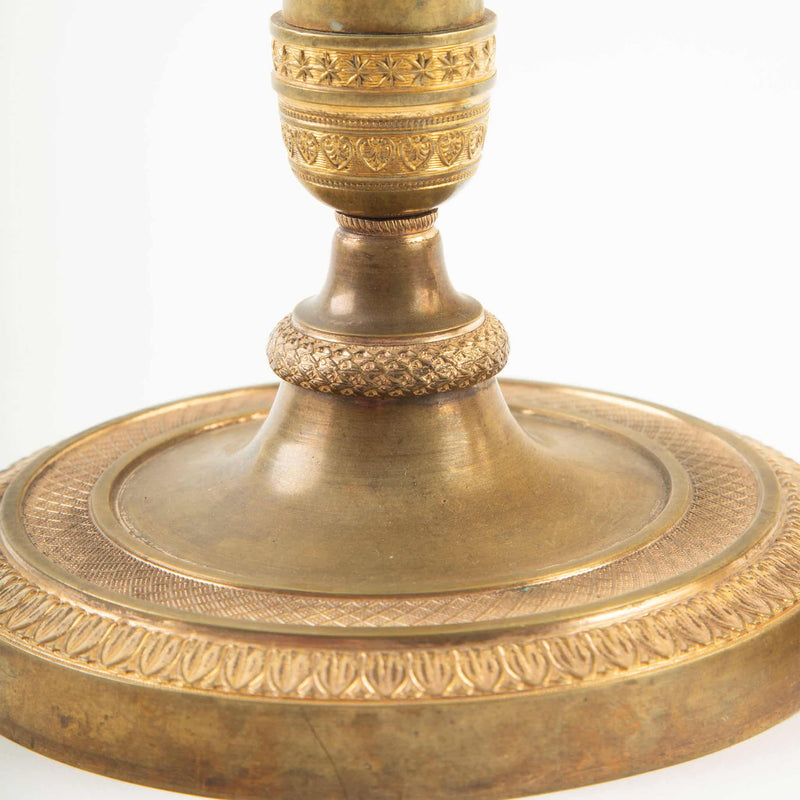 Pair of French Empire Period Gilt Bronze Candlesticks with Guilloché Decoration