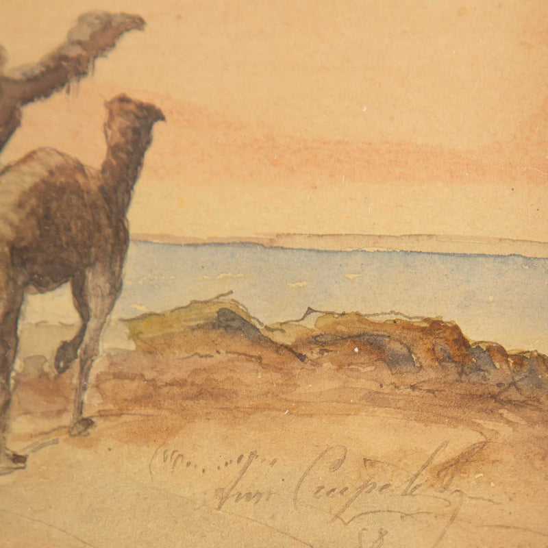 19th Century Watercolor of Camels & Rider Signed & Dated, Louis Aimable Crapelet