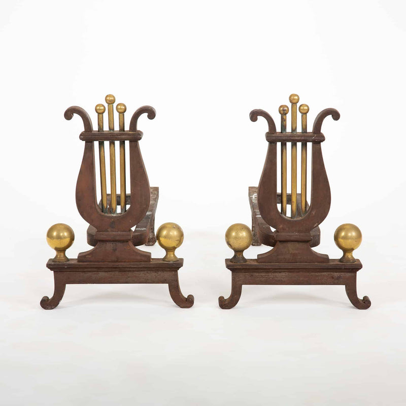 Music at the Hearth: Pair of 19th C Lyre Andirons