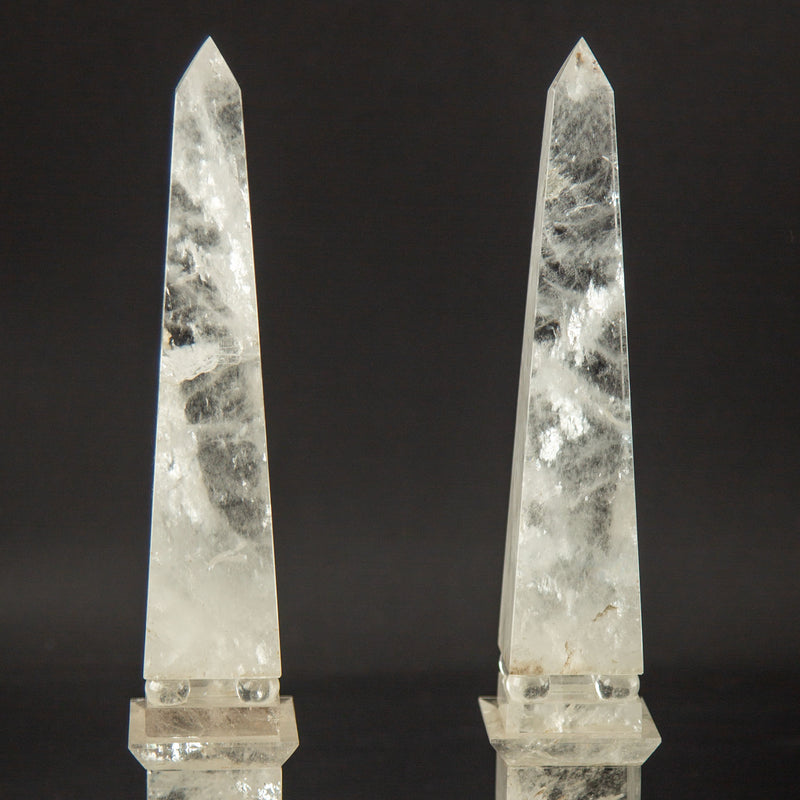 Pair of Hand-Carved Rock Crystal Obelisks on Stepped Bases, 12"