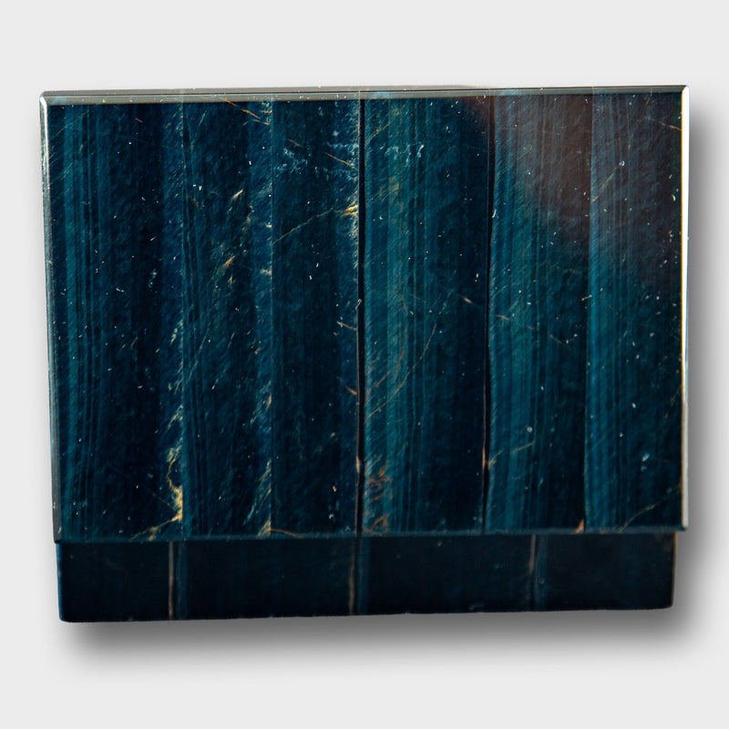 Polished Midnight Blue Falcon’s Eye Gemstone Box with Brass Hinged Lid – 6"