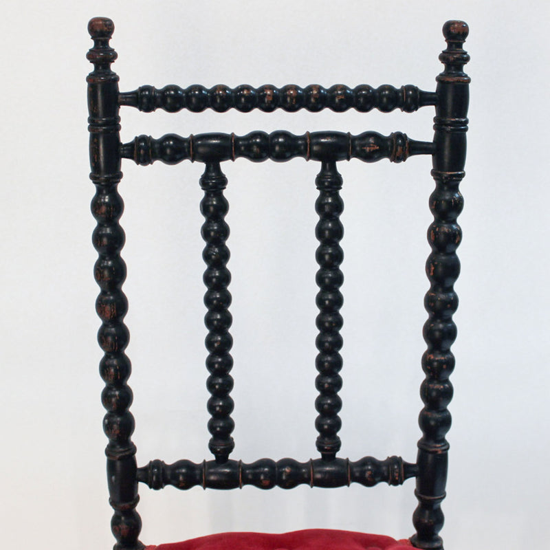 Pair of Napoleon III Ebonized Bobbin-Turned Chairs with Red Velvet Upholstery