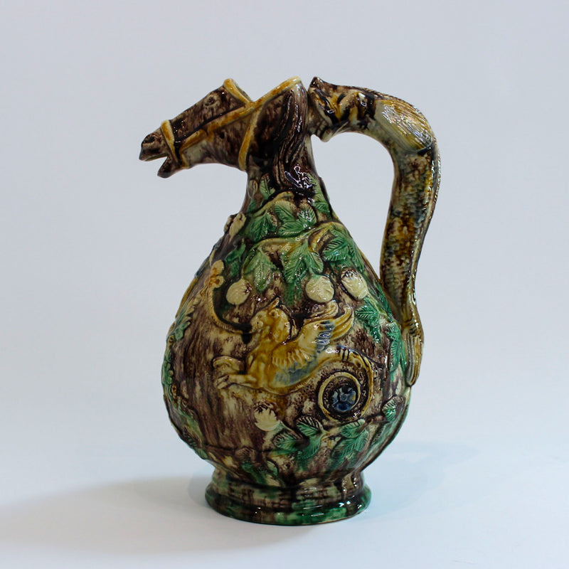 English Majolica Figural Pitcher with Horse-Head Spout and Fish Handle, 19th/20C
