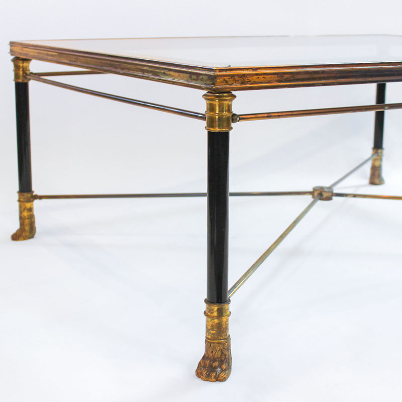 Mid-Century French Neoclassical Brass, Ebonized Metal and Glass Coffee Table