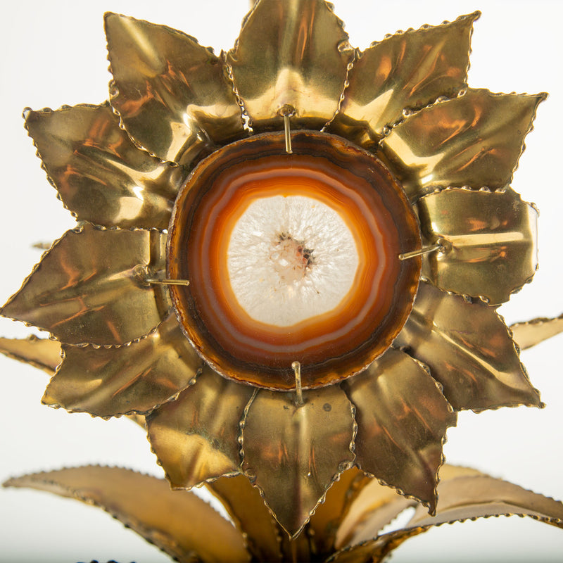 1970s P. Mas-Rossi French Brass Sunflower Table Lamp with Agate Center