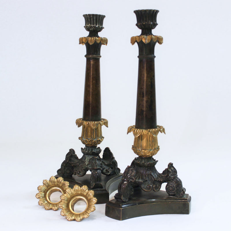 Napoleonic Elegance: A Pair of French Empire Bronze Candlesticks; 12" H