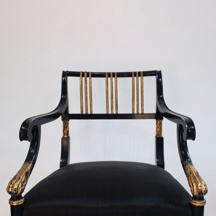 Pair of Regency Ebonized Armchairs with Parcel Gilt Decoration