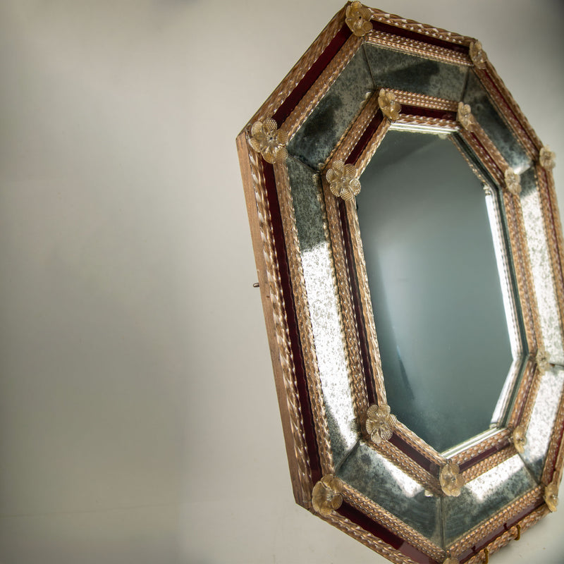 "Ruby Regatta" Venetian Octagonal Mirror with Murano Glass Rosettes