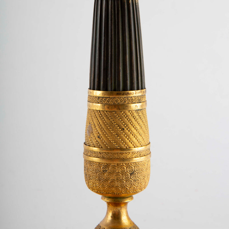 Pair of French Empire Gilt and Patinated Bronze Candlesticks, 19th C