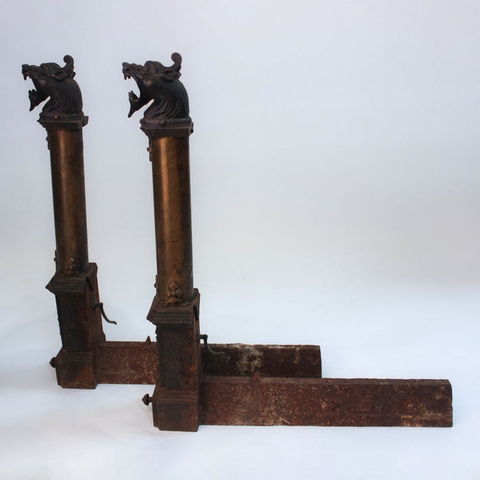 The Fire Breathers: Pair of French Gothic Revival Dragon Head Andirons