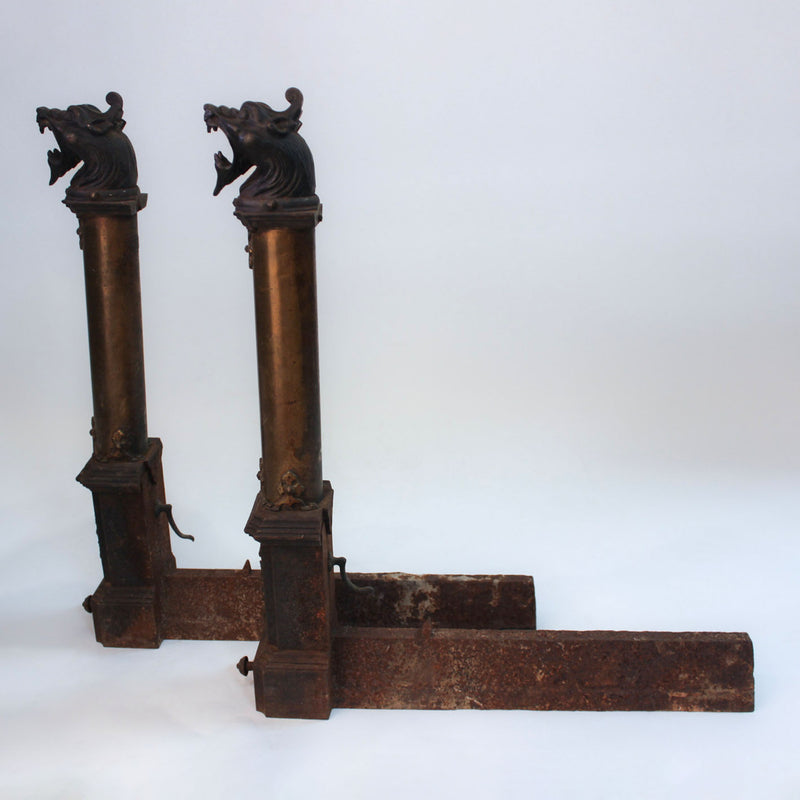 The Fire Breathers: Pair of French Gothic Revival Dragon Head Andirons