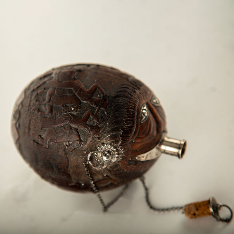 French Colonial Carved Coconut "Bugbear" Flask with Silver Mounts, 18/19th C.