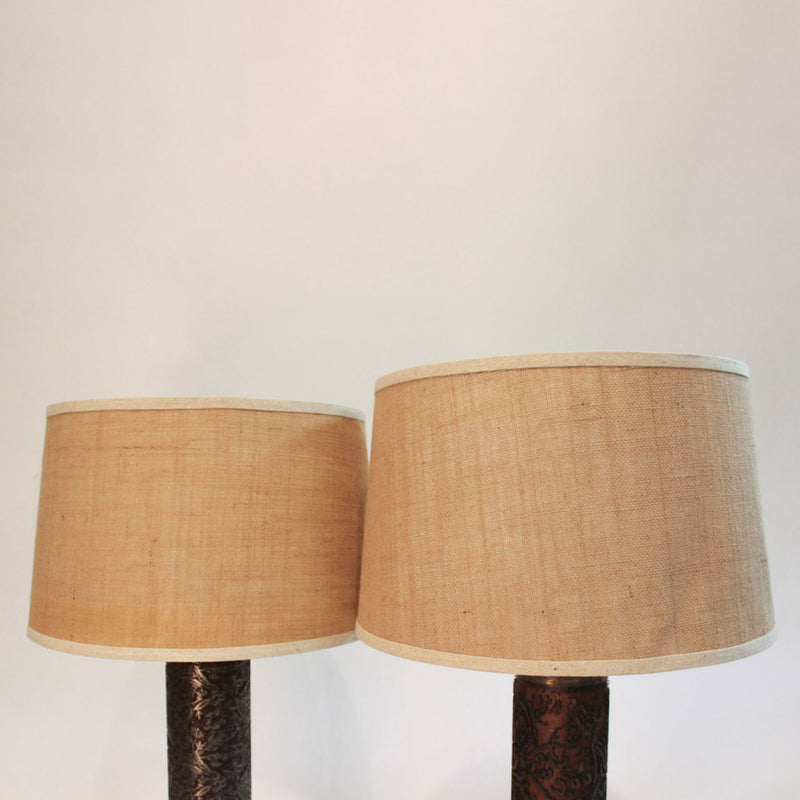 Pair of Vintage Embossed Metal and Wood Wallpaper Printing Roller Table Lamps