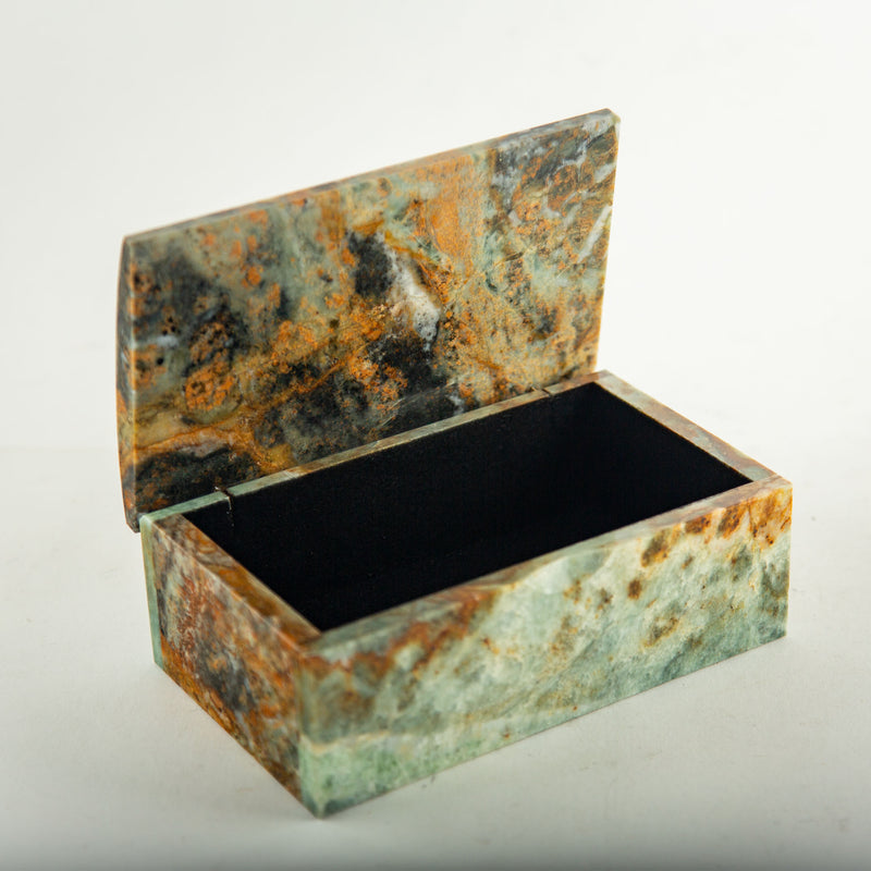 Polished Green Onyx Stone Box with Rust and Blue-Green Veining