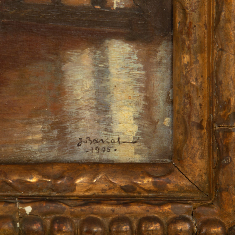 At Work: 1905 Painting of a Writer and His Dog in a Chic Salon, Signed J. Barcal