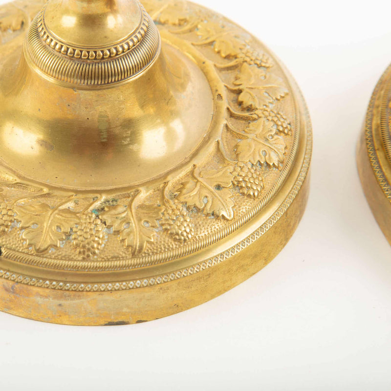 Pair of 19th-C French Gilt Bronze Candlesticks w/ Grape and Vine Decoration