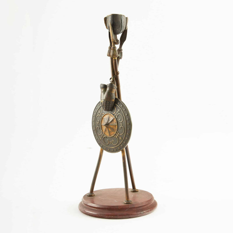 Pair of 19th-C French Bronze Tripod Candlesticks- Martial Motifs on Marble Bases