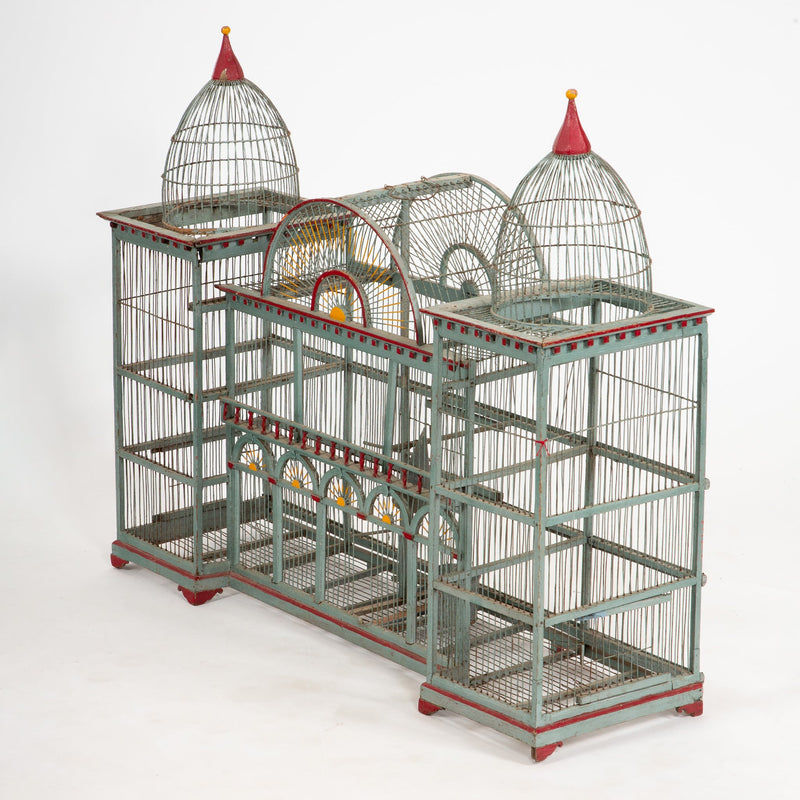 The Bird Palace: Late 19th Century Bird Cage Painted Grey with Red Accents