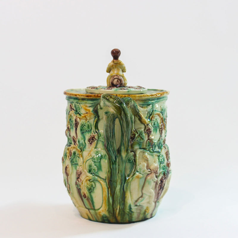 Bacchus-Decorated Majolica Pitcher with Figural Finial, Early 20th Century