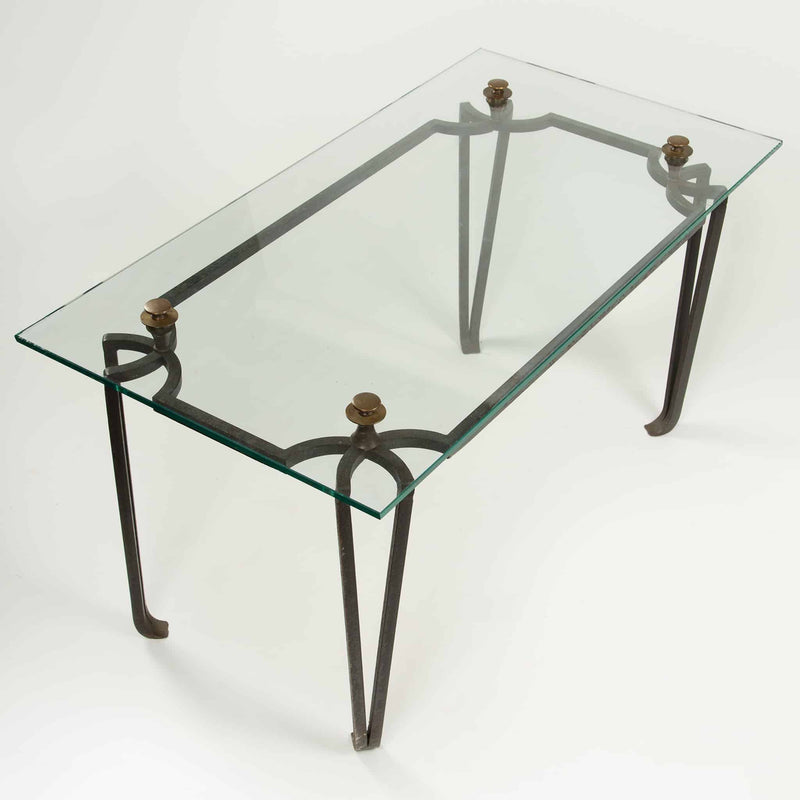 French Art Deco Wrought Iron and Glass Coffee Table with Bronze Finials 20th C.